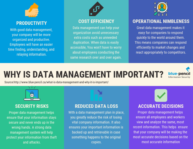 Infographic showing the various reasons why data management is important for organizations
