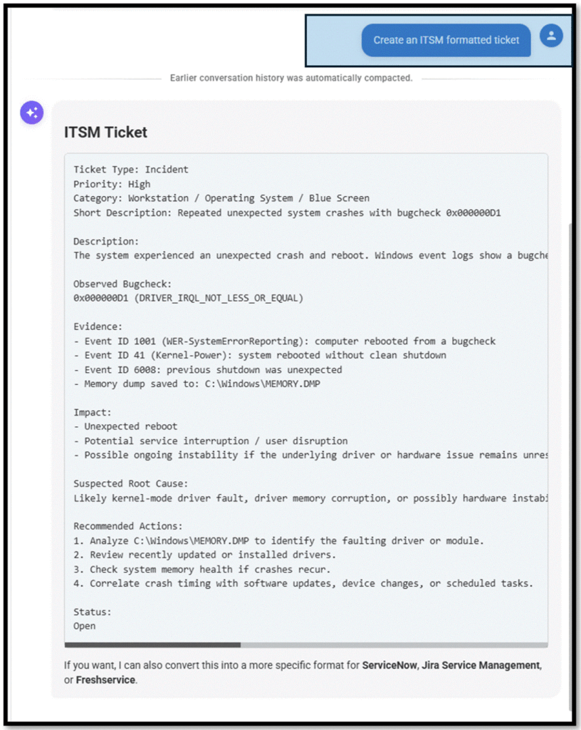 Aipex create an ITSM formatted ticket