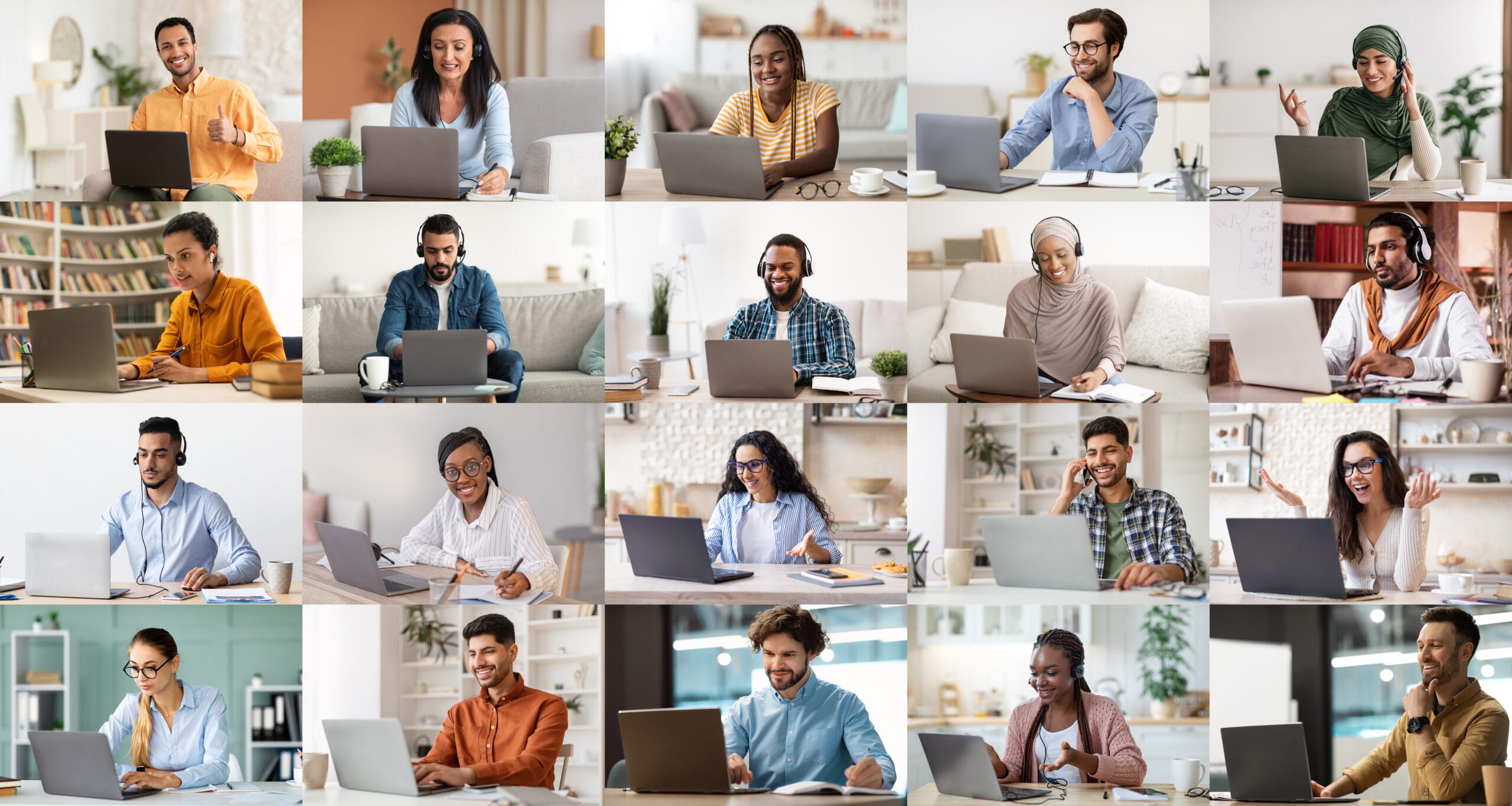 Set of multiracial people using computers, collage